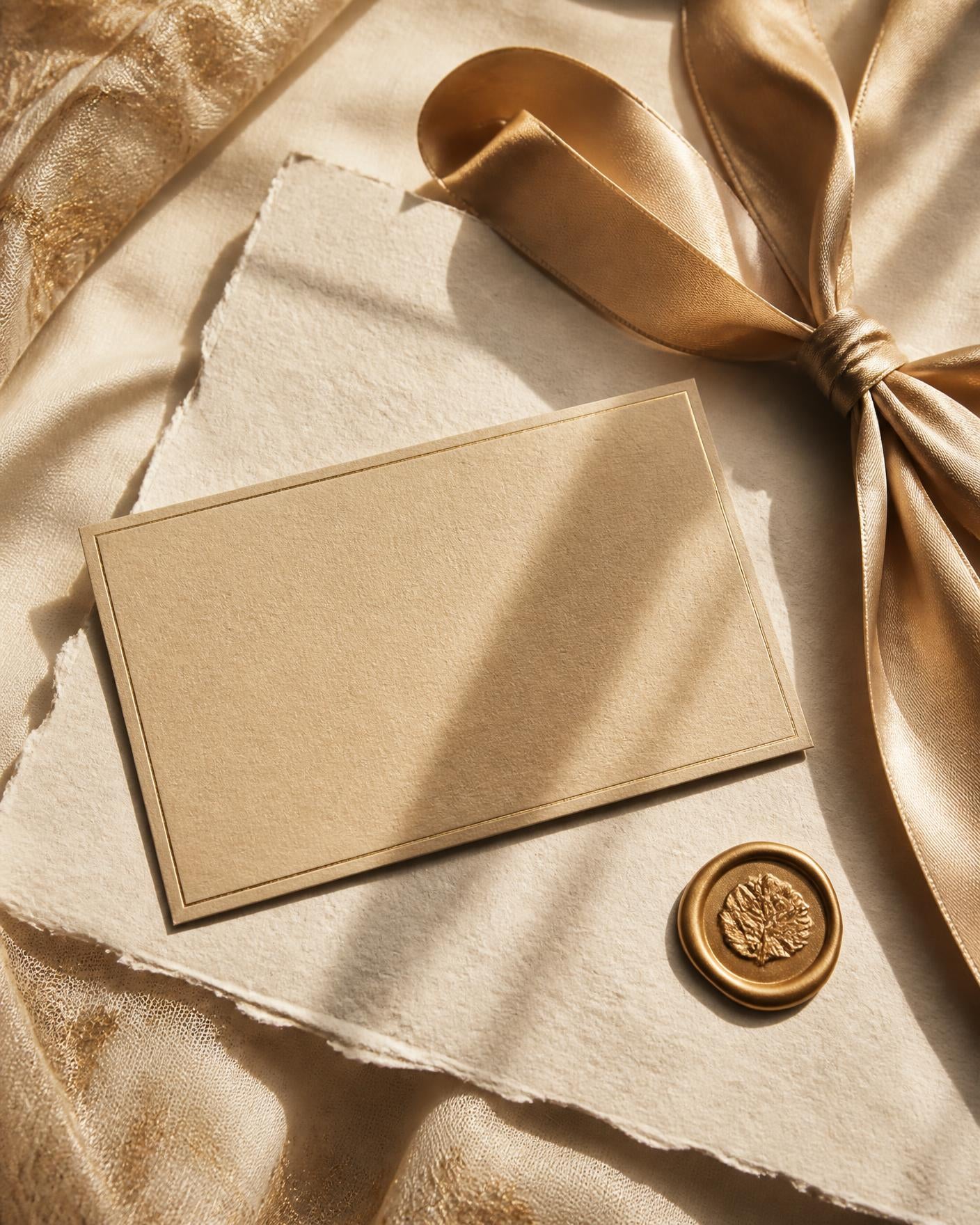 Champagne letterpress gift card with silk ribbon and wax seal