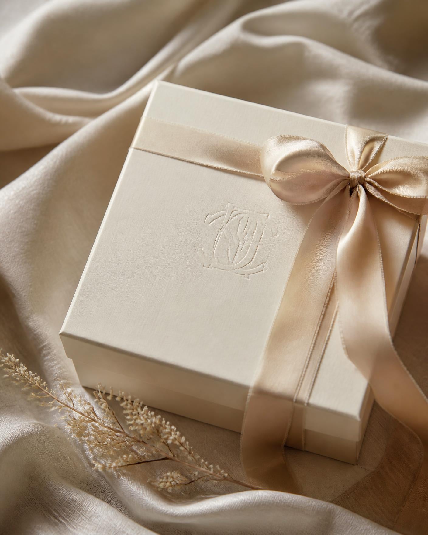 Ivory couture gift box with champagne silk ribbon